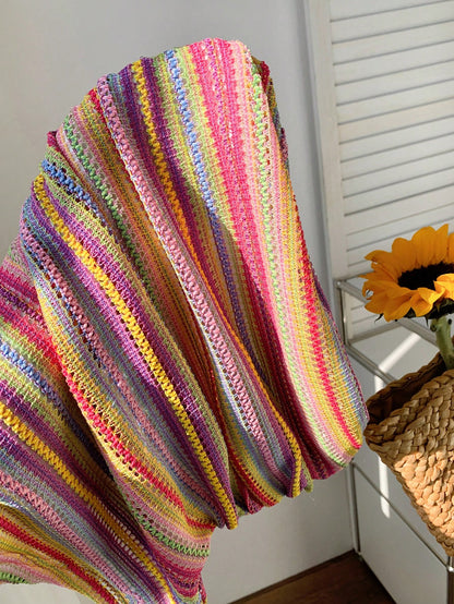 Comfortcana 2025 Spring & Summer Plus Size Women Colorful Striped Bandeau Top, Casual Resort Wear