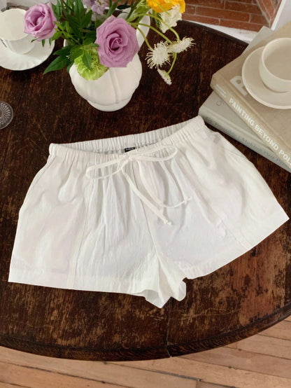 Comfortcana Women Casual Loose Drawstring Solid Color Shorts, Versatile For Everyday Wear White Linen Shorts Lounge Summer