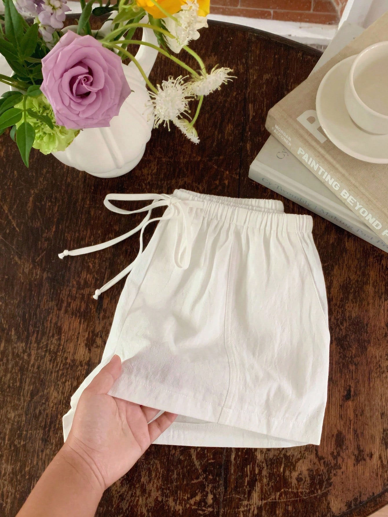Comfortcana Women Casual Loose Drawstring Solid Color Shorts, Versatile For Everyday Wear White Linen Shorts Lounge Summer