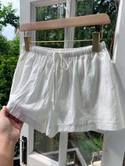 Comfortcana Women Casual Loose Drawstring Solid Color Shorts, Versatile For Everyday Wear White Linen Shorts Lounge Summer