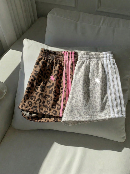 Comfortcana Women's Brown Leopard Print Shorts 2 Pieces Set,Summer Athleisure Gym Sports Equestrian Logo Knit Patchwork Loose Casual Minimalist Comfy Bottoms