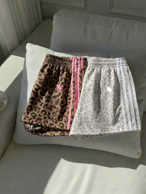 Comfortcana Women's Brown Leopard Print Shorts 2 Pieces Set,Summer Athleisure Gym Sports Equestrian Logo Knit Patchwork Loose Casual Minimalist Comfy Bottoms