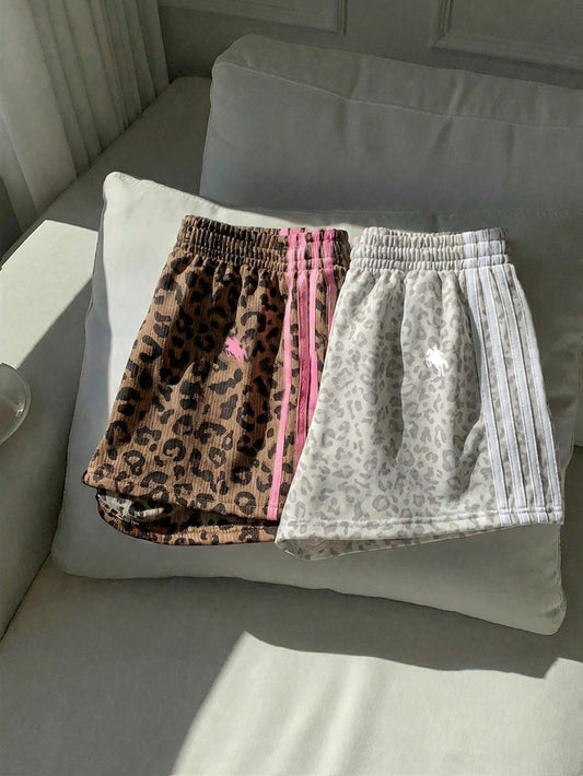 Comfortcana Women's Brown Leopard Print Shorts 2 Pieces Set,Summer Athleisure Gym Sports Equestrian Logo Knit Patchwork Loose Casual Minimalist Comfy Bottoms