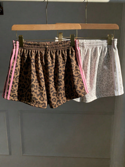 Comfortcana Women's Brown Leopard Print Shorts 2 Pieces Set,Summer Athleisure Gym Sports Equestrian Logo Knit Patchwork Loose Casual Minimalist Comfy Bottoms