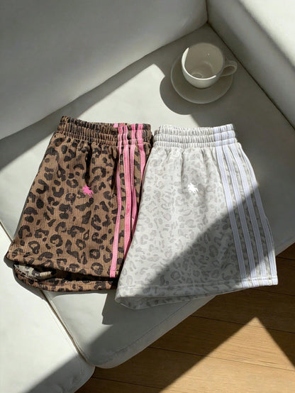 Comfortcana Women's Brown Leopard Print Shorts 2 Pieces Set,Summer Athleisure Gym Sports Equestrian Logo Knit Patchwork Loose Casual Minimalist Comfy Bottoms