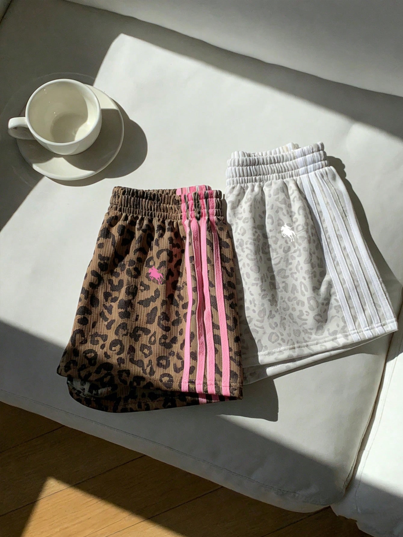 Comfortcana Women's Brown Leopard Print Shorts 2 Pieces Set,Summer Athleisure Gym Sports Equestrian Logo Knit Patchwork Loose Casual Minimalist Comfy Bottoms