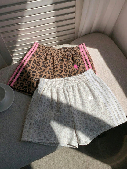 Comfortcana Women's Brown Leopard Print Shorts 2 Pieces Set,Summer Athleisure Gym Sports Equestrian Logo Knit Patchwork Loose Casual Minimalist Comfy Bottoms