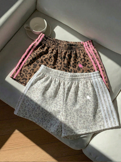 Comfortcana Women's Brown Leopard Print Shorts 2 Pieces Set,Summer Athleisure Gym Sports Equestrian Logo Knit Patchwork Loose Casual Minimalist Comfy Bottoms
