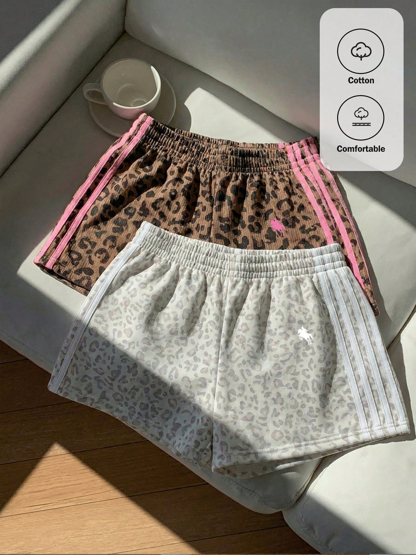 Comfortcana Women's Brown Leopard Print Shorts 2 Pieces Set,Summer Athleisure Gym Sports Equestrian Logo Knit Patchwork Loose Casual Minimalist Comfy Bottoms