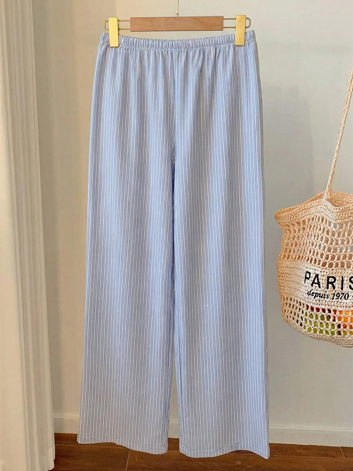 Comfortcana Women's Casual Blue Striped Cotton Drawstring Waist Wide Leg Pants, Suitable For Daily Commute, Vacation, Y2K Style, Spring/Summer, Valentine's Day