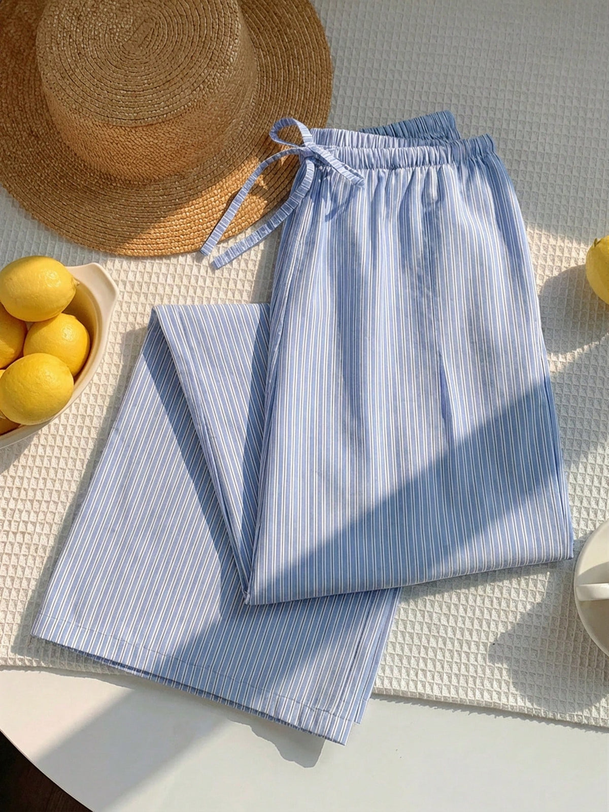 Comfortcana Women's Casual Blue Striped Cotton Drawstring Waist Wide Leg Pants, Suitable For Daily Commute, Vacation, Y2K Style, Spring/Summer, Valentine's Day