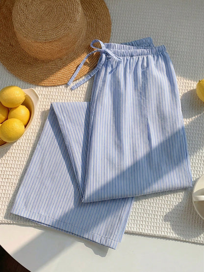 Comfortcana Women's Casual Blue Striped Cotton Drawstring Waist Wide Leg Pants, Suitable For Daily Commute, Vacation, Y2K Style, Spring/Summer, Valentine's Day