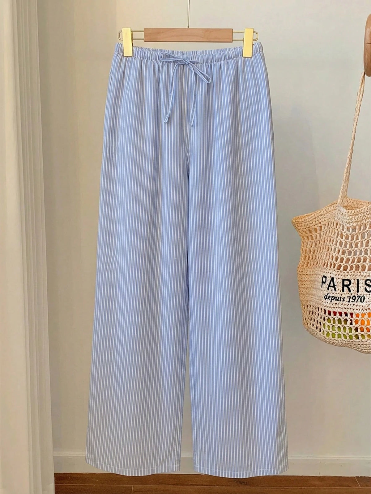 Comfortcana Women's Casual Blue Striped Cotton Drawstring Waist Wide Leg Pants, Suitable For Daily Commute, Vacation, Y2K Style, Spring/Summer, Valentine's Day