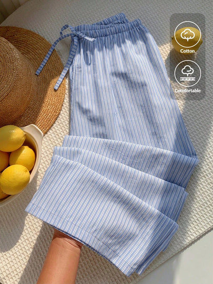 Comfortcana Women's Casual Blue Striped Cotton Drawstring Waist Wide Leg Pants, Suitable For Daily Commute, Vacation, Y2K Style, Spring/Summer, Valentine's Day