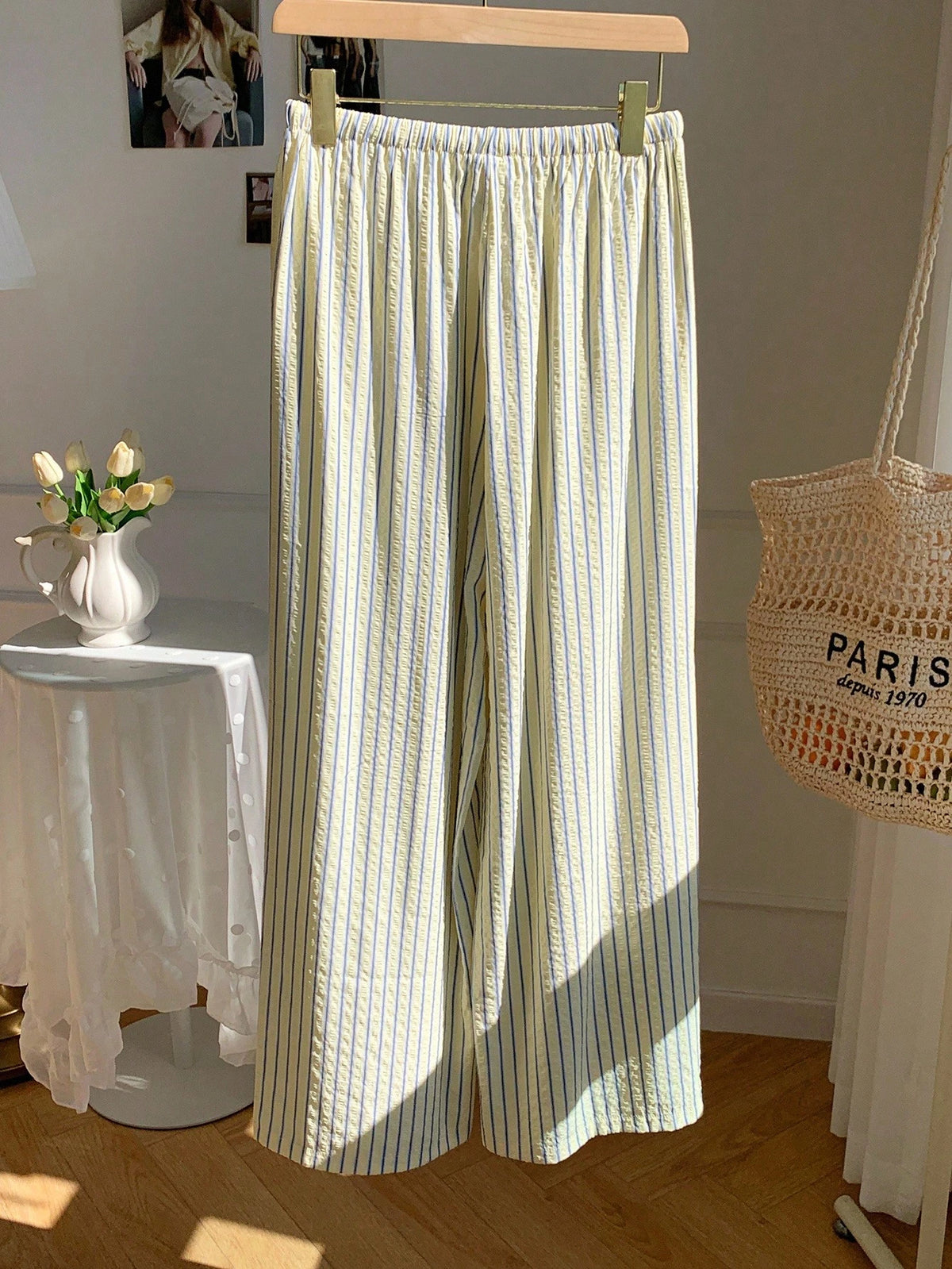 Comfortcana Women's Casual Blue Striped Cotton Drawstring Waist Wide Leg Pants, Suitable For Daily Commute, Vacation, Y2K Style, Spring/Summer, Valentine's Day