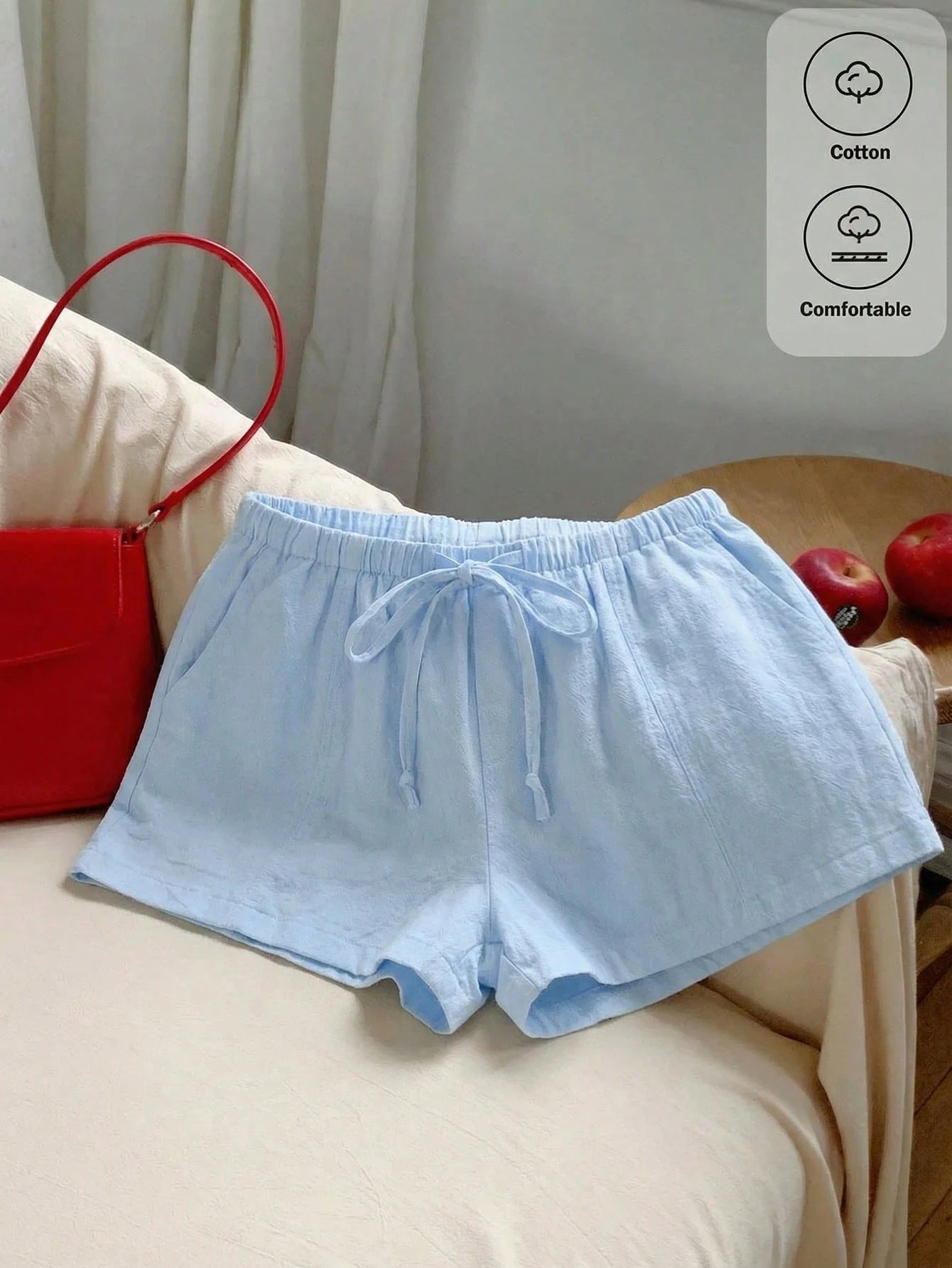 Comfortcana Women's Casual Loose Drawstring Solid Color Shorts, Versatile Daily Wear Blue Linen Shorts