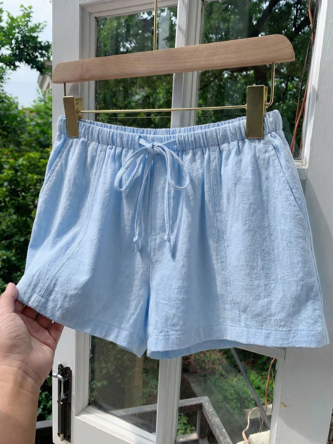 Comfortcana Women's Casual Loose Drawstring Solid Color Shorts, Versatile Daily Wear Blue Linen Shorts