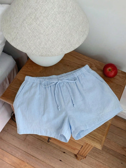 Comfortcana Women's Casual Loose Drawstring Solid Color Shorts, Versatile Daily Wear Blue Linen Shorts
