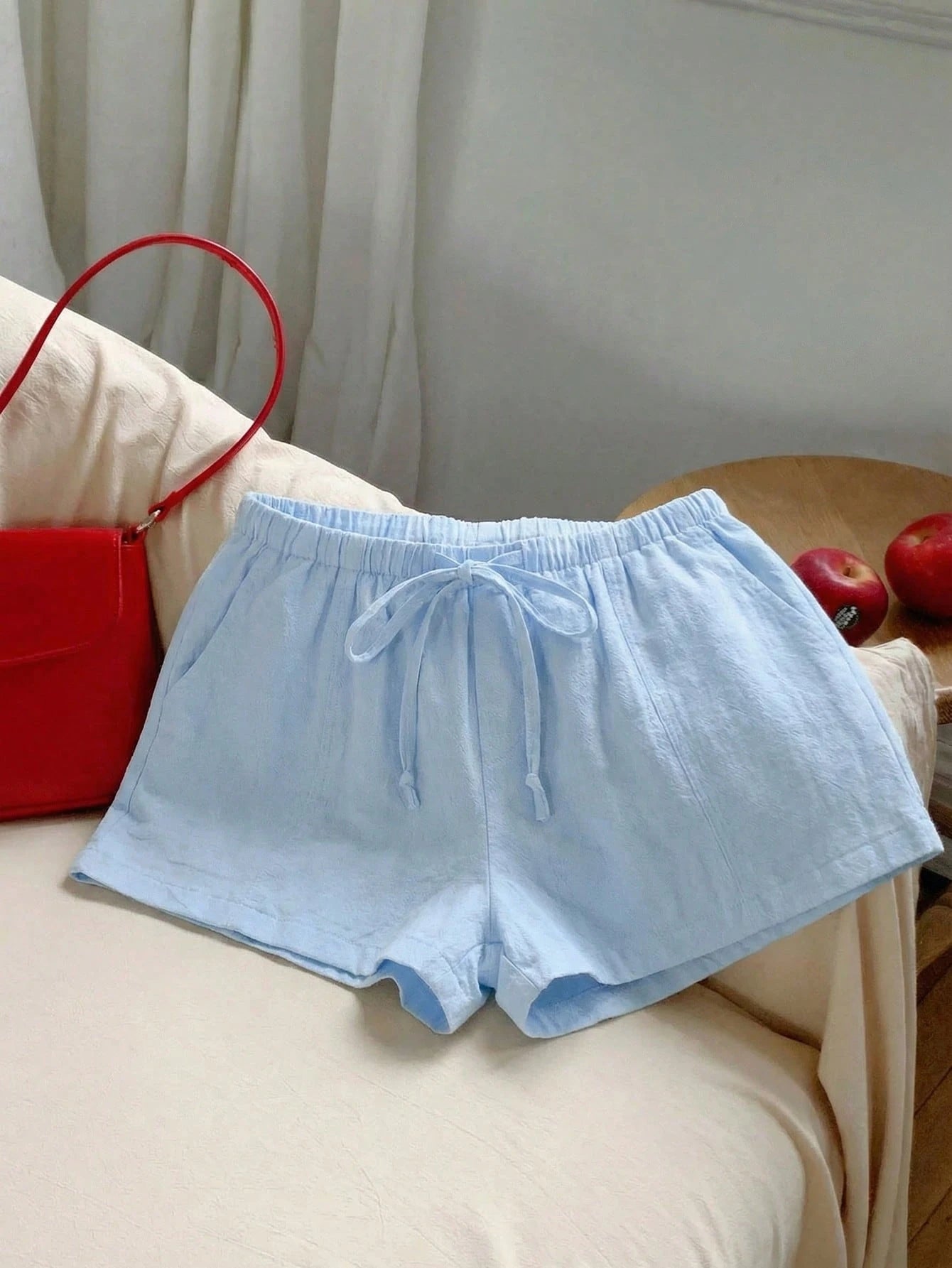 Comfortcana Women's Casual Loose Drawstring Solid Color Shorts, Versatile Daily Wear Blue Linen Shorts