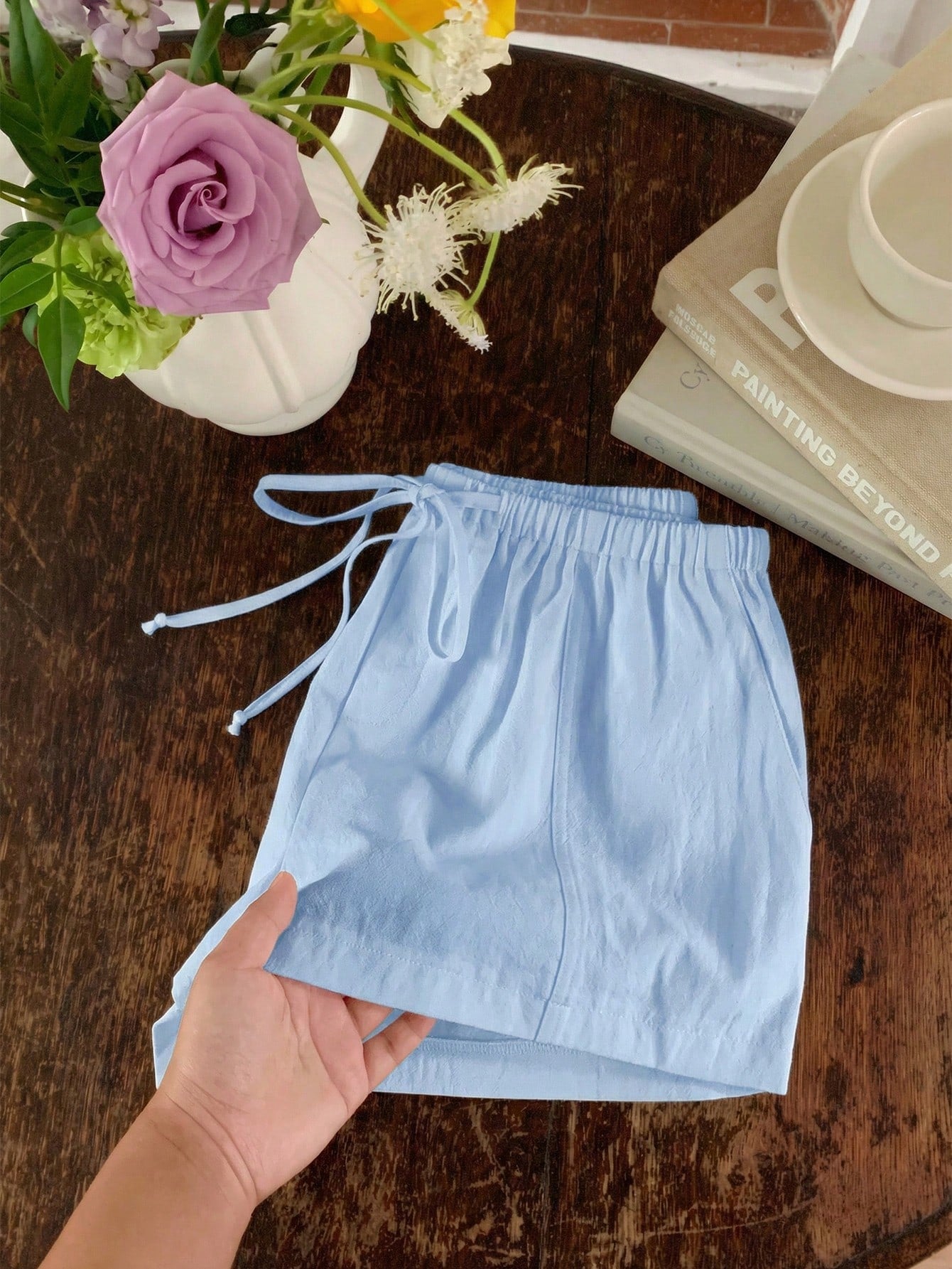 Comfortcana Women's Casual Loose Drawstring Solid Color Shorts, Versatile Daily Wear Blue Linen Shorts