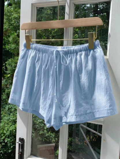 Comfortcana Women's Casual Loose Drawstring Solid Color Shorts, Versatile Daily Wear Blue Linen Shorts