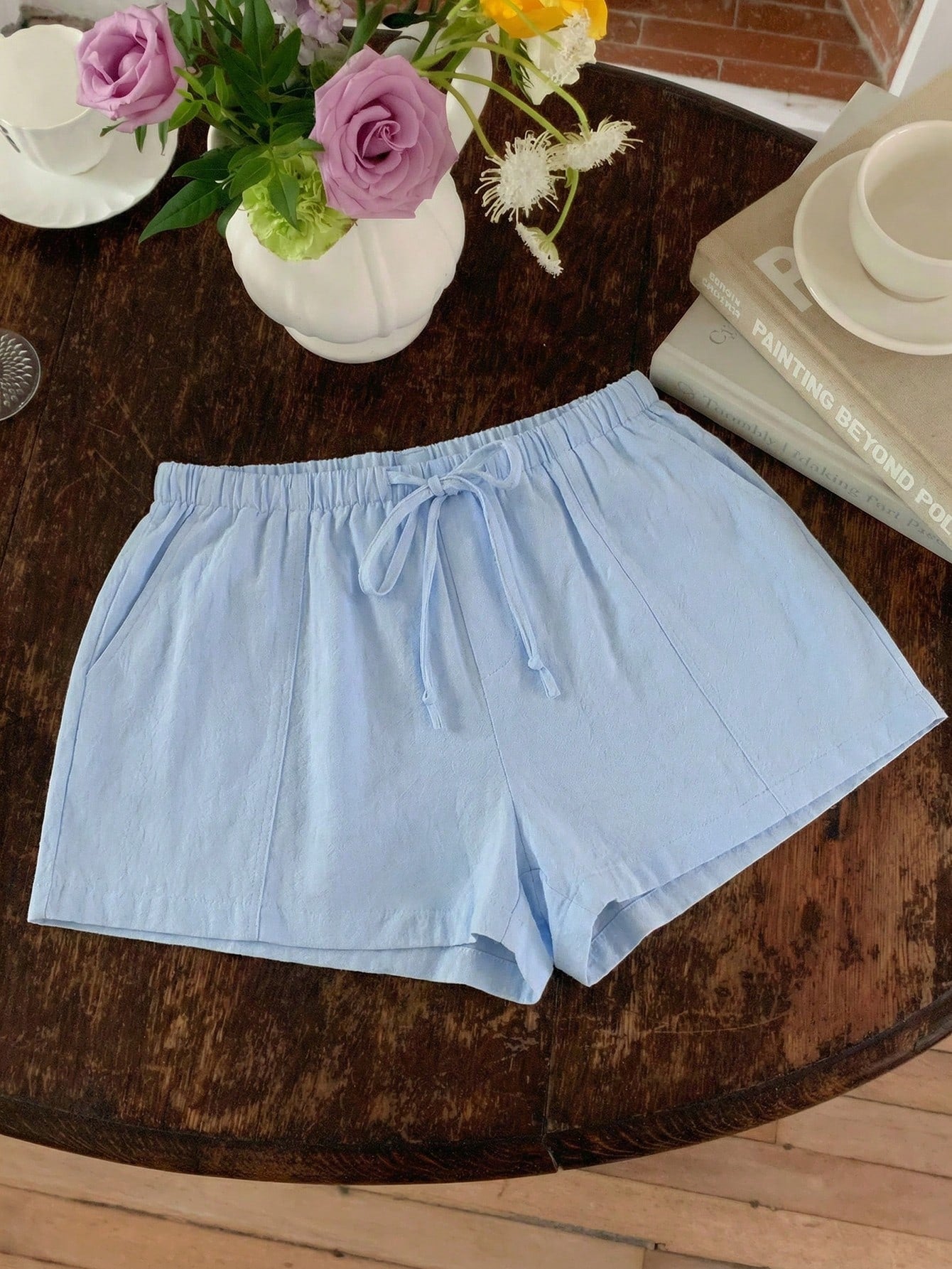 Comfortcana Women's Casual Loose Drawstring Solid Color Shorts, Versatile Daily Wear Blue Linen Shorts