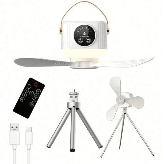 Compact Ceiling Fan For Tents, Suitable For Camping, Rechargeable Via USB, Features Adjustable Speeds And A Timer, Ideal For Outdoor Use, Includes A Mountable Bracket, Can Also Be Used As A Tabletop F