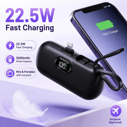 Compact Pink 5000mAh Battery Pack With Built-In Lightning Plug, Short USB-C Cable And 22.5W Fast Charge, With Digital Remaining-Power Display, Capsule-Style Case And Attached Lanyard For Portable Use