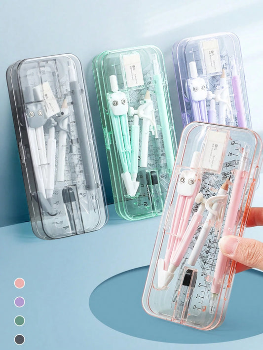 Compass And Ruler Student Set, Triangle Ruler, Protractor, Drawing Tools, Student Exam Study Stationery Supplies, Professional Drawing Ruler And Compass, Multi-Functional Pen Holder Style
