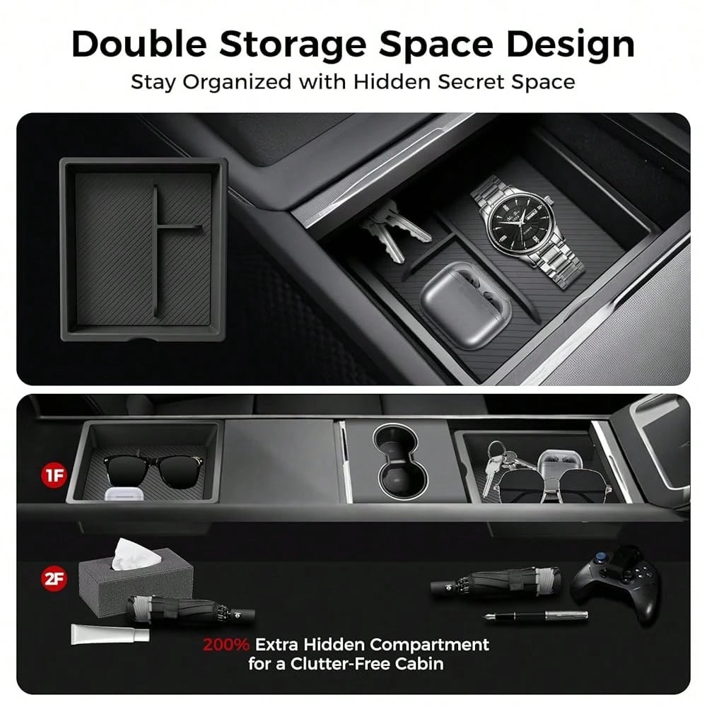 Console Organizer 5PCS Compatible With Tesla Model Y Juniper2026, Armrest Storage Tray, Hidden Storage Box, Cup Holder, Phone Holder – Interior Accessories For New Model Y/3 2025