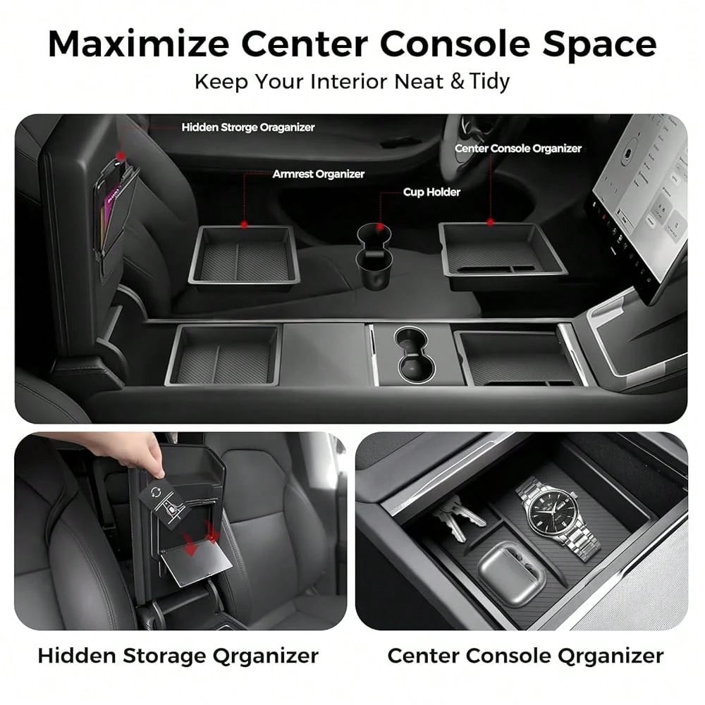 Console Organizer 5PCS Compatible With Tesla Model Y Juniper2026, Armrest Storage Tray, Hidden Storage Box, Cup Holder, Phone Holder – Interior Accessories For New Model Y/3 2025