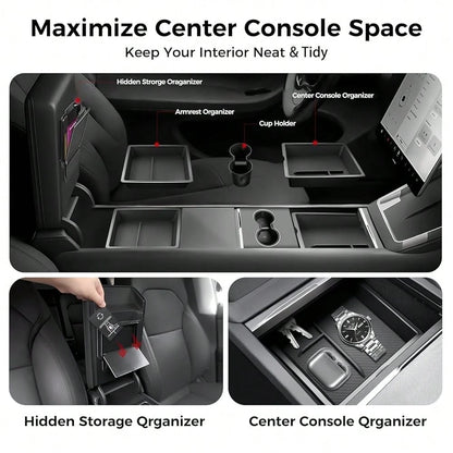 Console Organizer 5PCS Compatible With Tesla Model Y Juniper2026, Armrest Storage Tray, Hidden Storage Box, Cup Holder, Phone Holder – Interior Accessories For New Model Y/3 2025