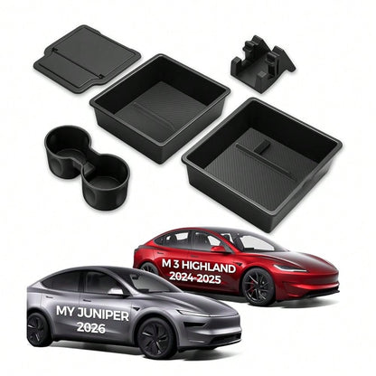 Console Organizer 5PCS Compatible With Tesla Model Y Juniper2026, Armrest Storage Tray, Hidden Storage Box, Cup Holder, Phone Holder – Interior Accessories For New Model Y/3 2025
