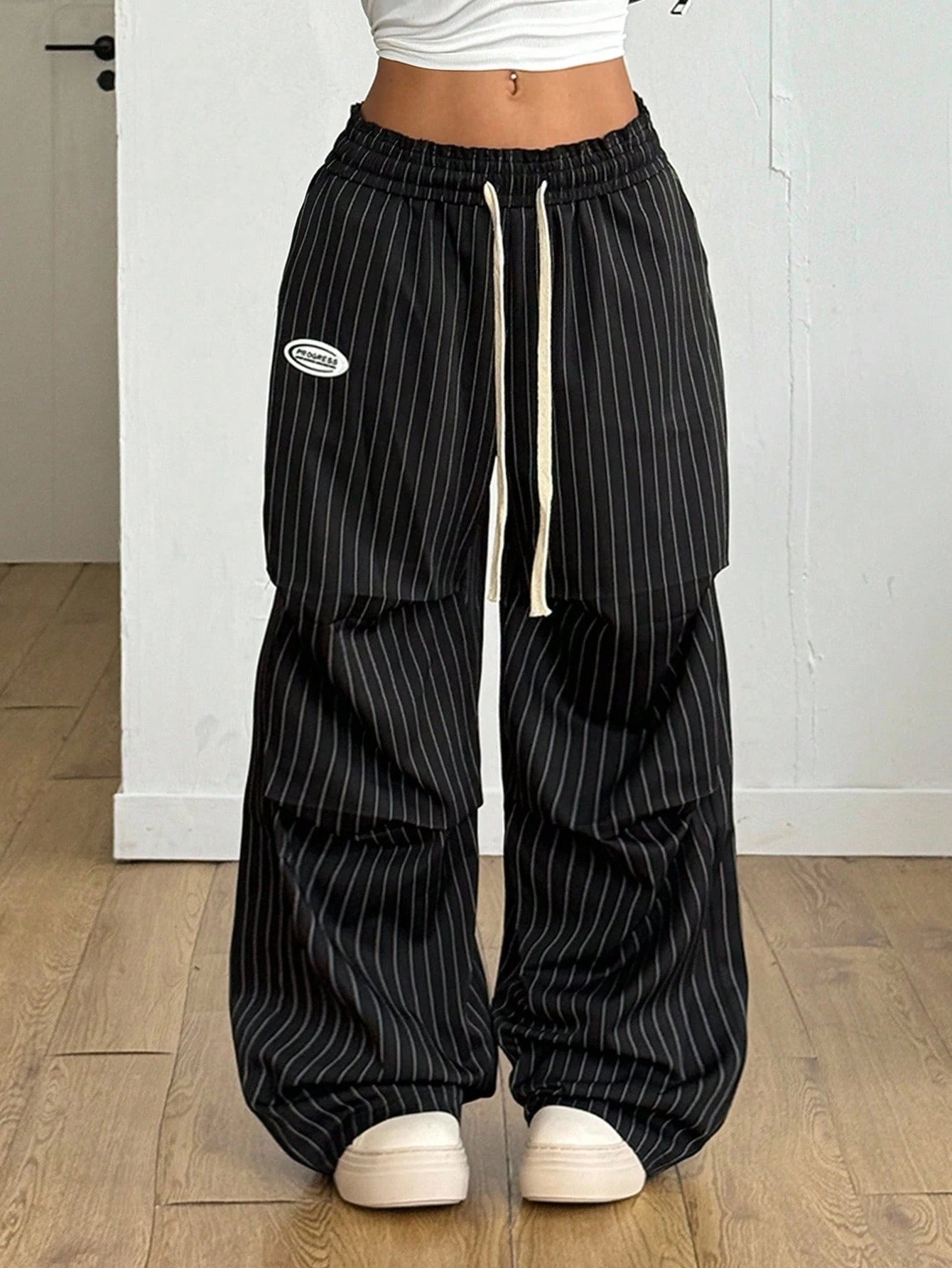 Coolane Autumn For Women Black And White Striped Streetwear 90s Athleisure Casual Wide Leg Long Pants With Pockets, Baggy Pants