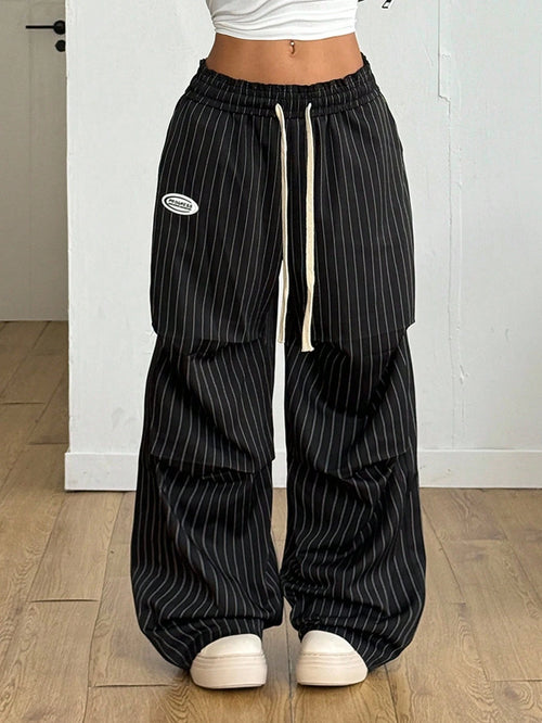 Coolane Autumn For Women Black And White Striped Streetwear 90s Athleisure Casual Wide Leg Long Pants With Pockets, Baggy Pants