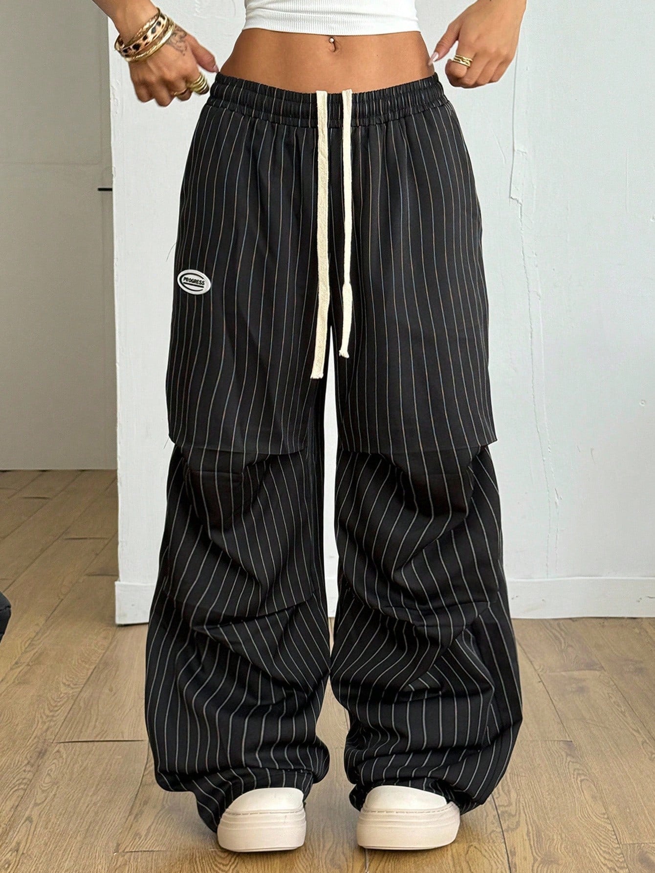 Coolane Autumn For Women Black And White Striped Streetwear 90s Athleisure Casual Wide Leg Long Pants With Pockets, Baggy Pants