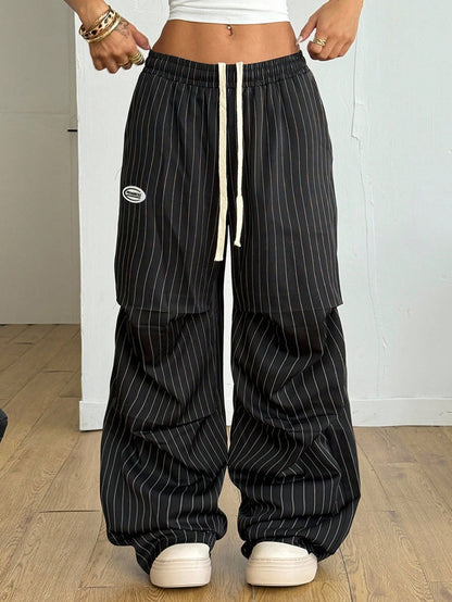 Coolane Autumn For Women Black And White Striped Streetwear 90s Athleisure Casual Wide Leg Long Pants With Pockets, Baggy Pants