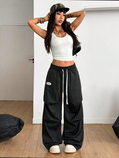 Coolane Autumn For Women Black And White Striped Streetwear 90s Athleisure Casual Wide Leg Long Pants With Pockets, Baggy Pants