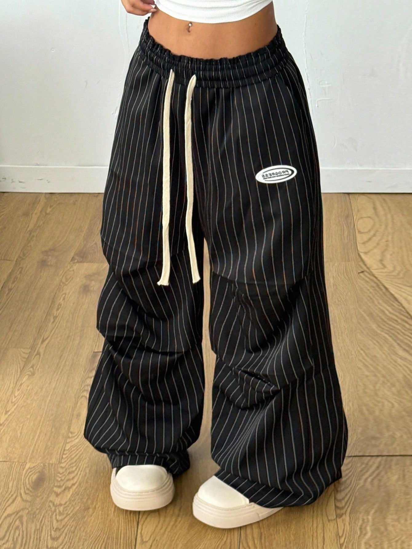Coolane Autumn For Women Black And White Striped Streetwear 90s Athleisure Casual Wide Leg Long Pants With Pockets, Baggy Pants