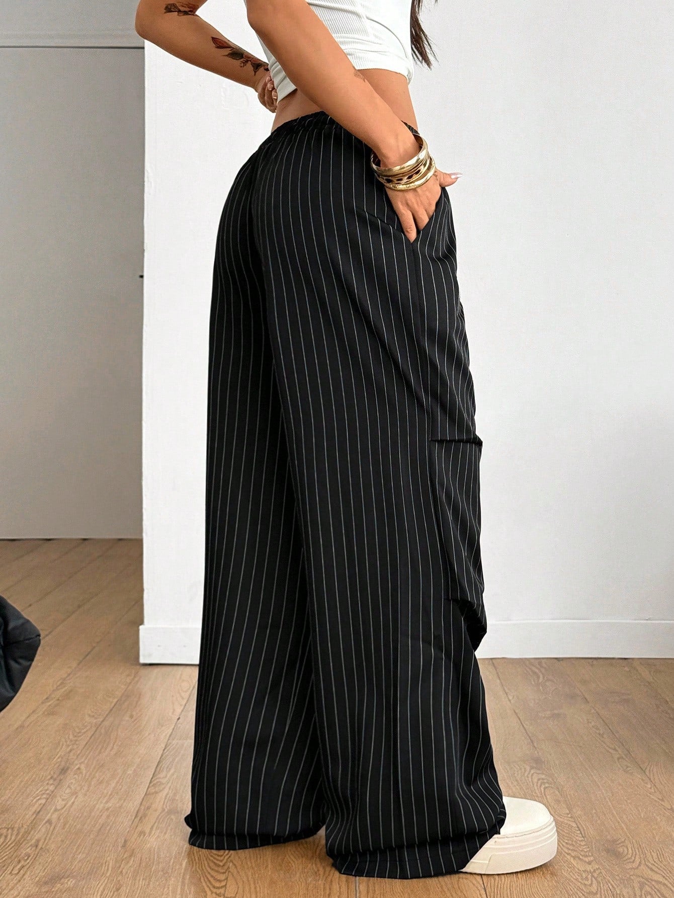 Coolane Autumn For Women Black And White Striped Streetwear 90s Athleisure Casual Wide Leg Long Pants With Pockets, Baggy Pants