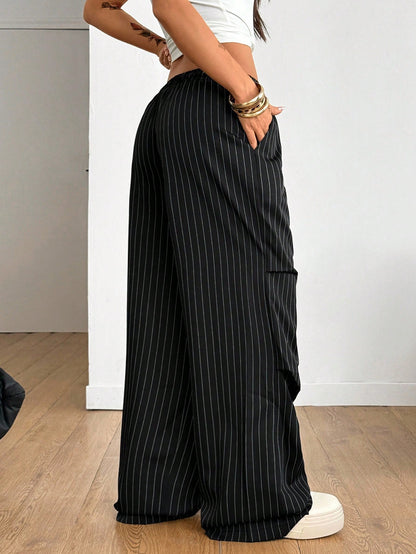 Coolane Autumn For Women Black And White Striped Streetwear 90s Athleisure Casual Wide Leg Long Pants With Pockets, Baggy Pants