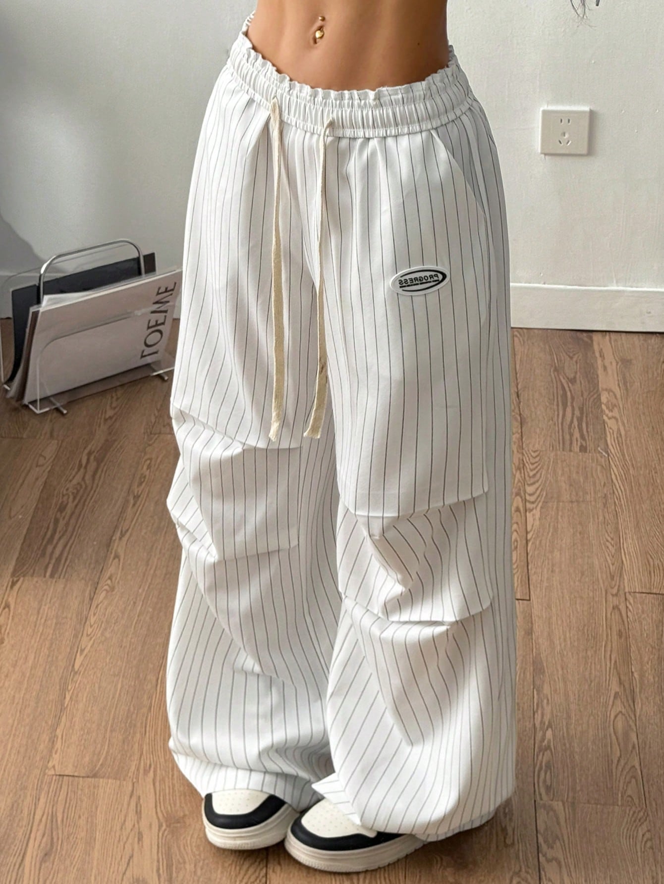 Coolane Autumn For Women Black And White Striped Streetwear 90s Athleisure Casual Wide Leg Long Pants With Pockets, Baggy Pants
