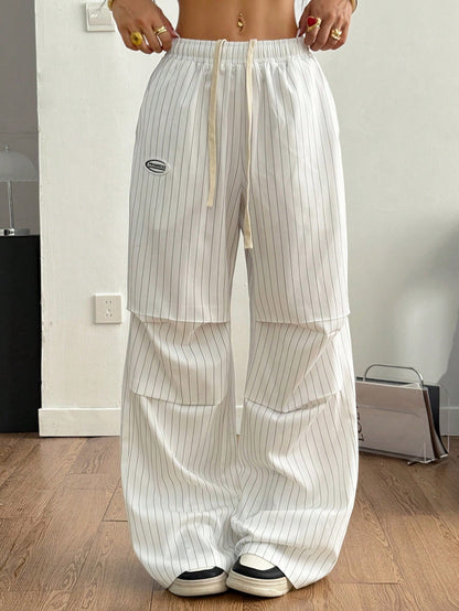 Coolane Autumn For Women Black And White Striped Streetwear 90s Athleisure Casual Wide Leg Long Pants With Pockets, Baggy Pants