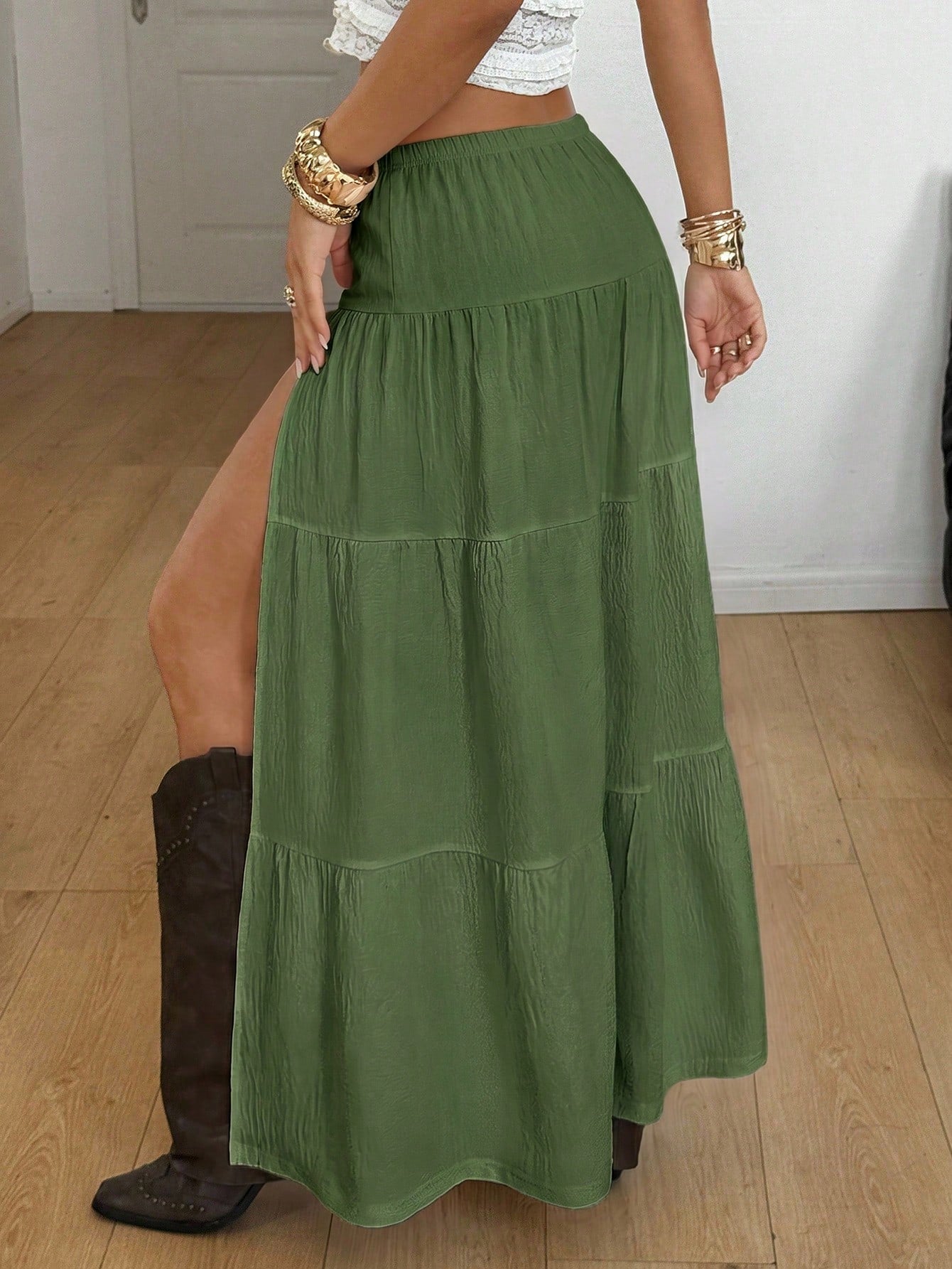 Coolane Autumn For Women Streetwear Boho Casual Daily Wear Vintage Olive Green Concert Vacation Rave Festival Skirt Western Texture Fabric