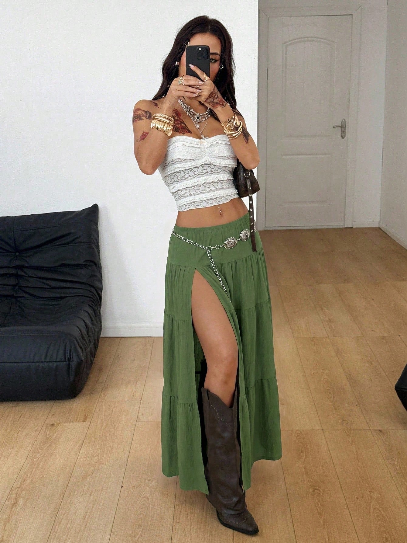 Coolane Autumn For Women Streetwear Boho Casual Daily Wear Vintage Olive Green Concert Vacation Rave Festival Skirt Western Texture Fabric