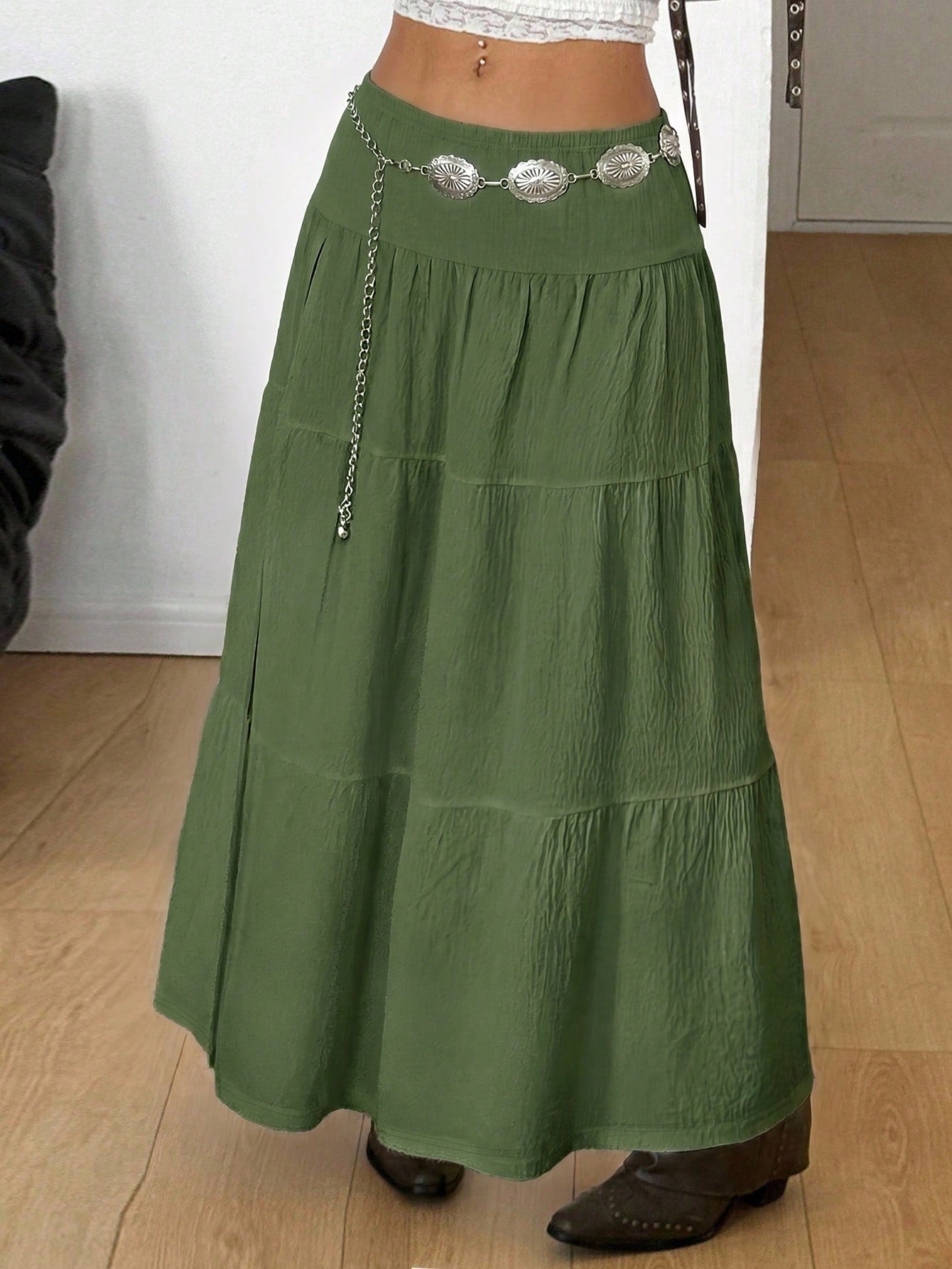 Coolane Autumn For Women Streetwear Boho Casual Daily Wear Vintage Olive Green Concert Vacation Rave Festival Skirt Western Texture Fabric