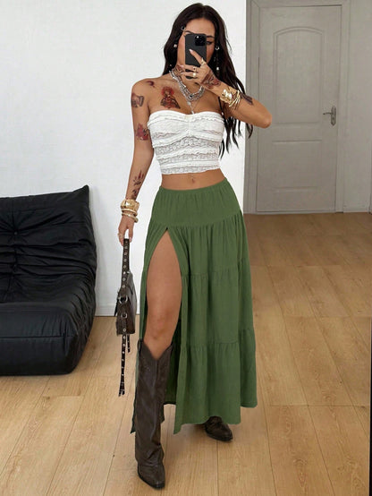 Coolane Autumn For Women Streetwear Boho Casual Daily Wear Vintage Olive Green Concert Vacation Rave Festival Skirt Western Texture Fabric