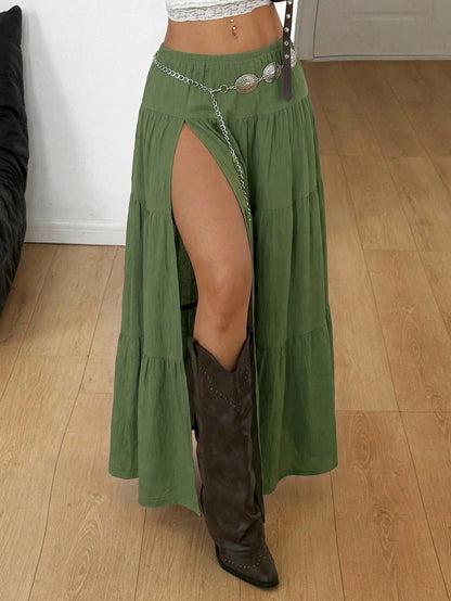 Coolane Autumn For Women Streetwear Boho Casual Daily Wear Vintage Olive Green Concert Vacation Rave Festival Skirt Western Texture Fabric