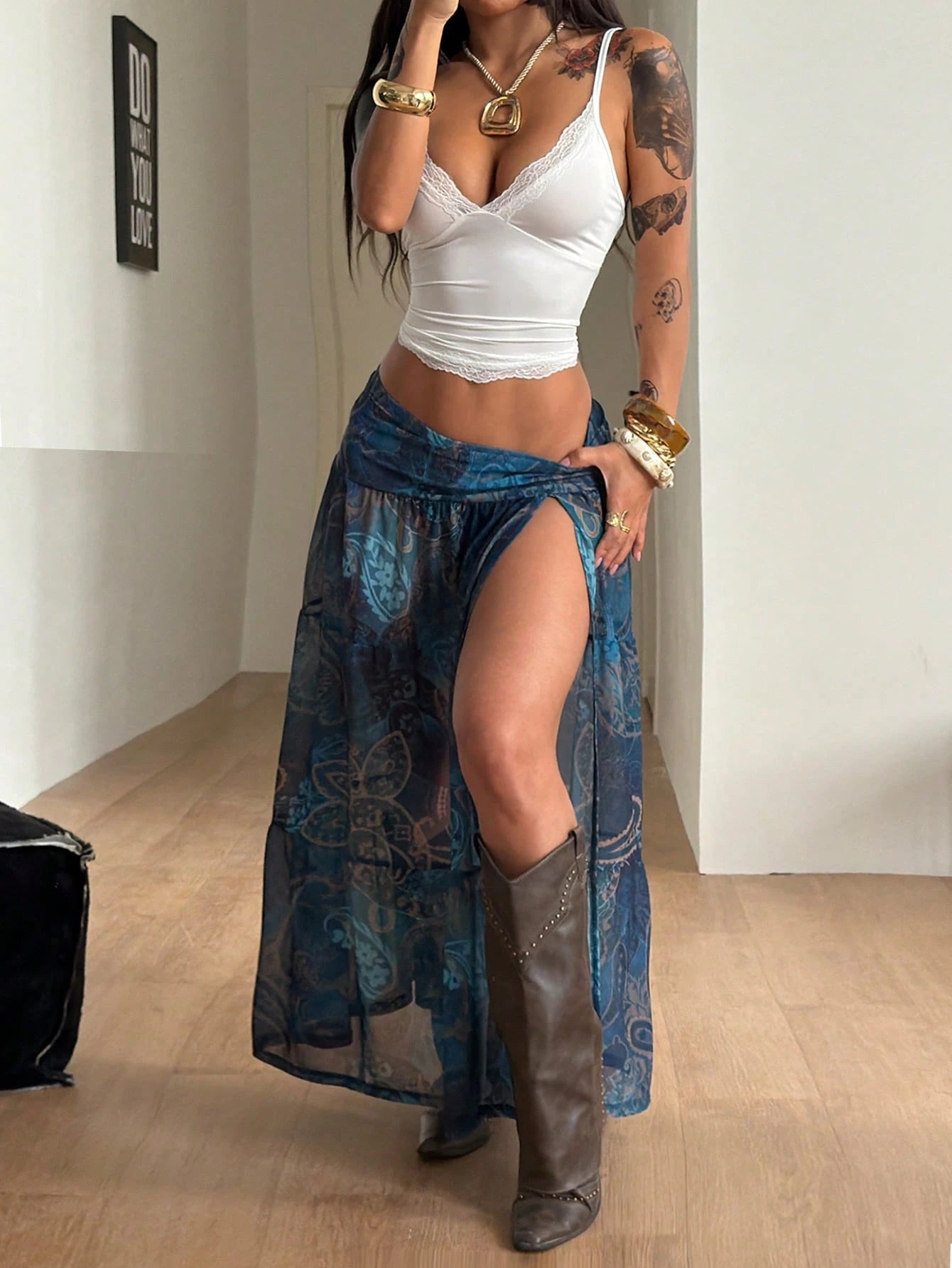 Coolane Autumn For Women Streetwear Sexy Boho Casual Vintage Y2K Elegant Sweet Graphic Navy Blue Mesh Split Skirt, Vacation Women Beach Vacation Vacation
