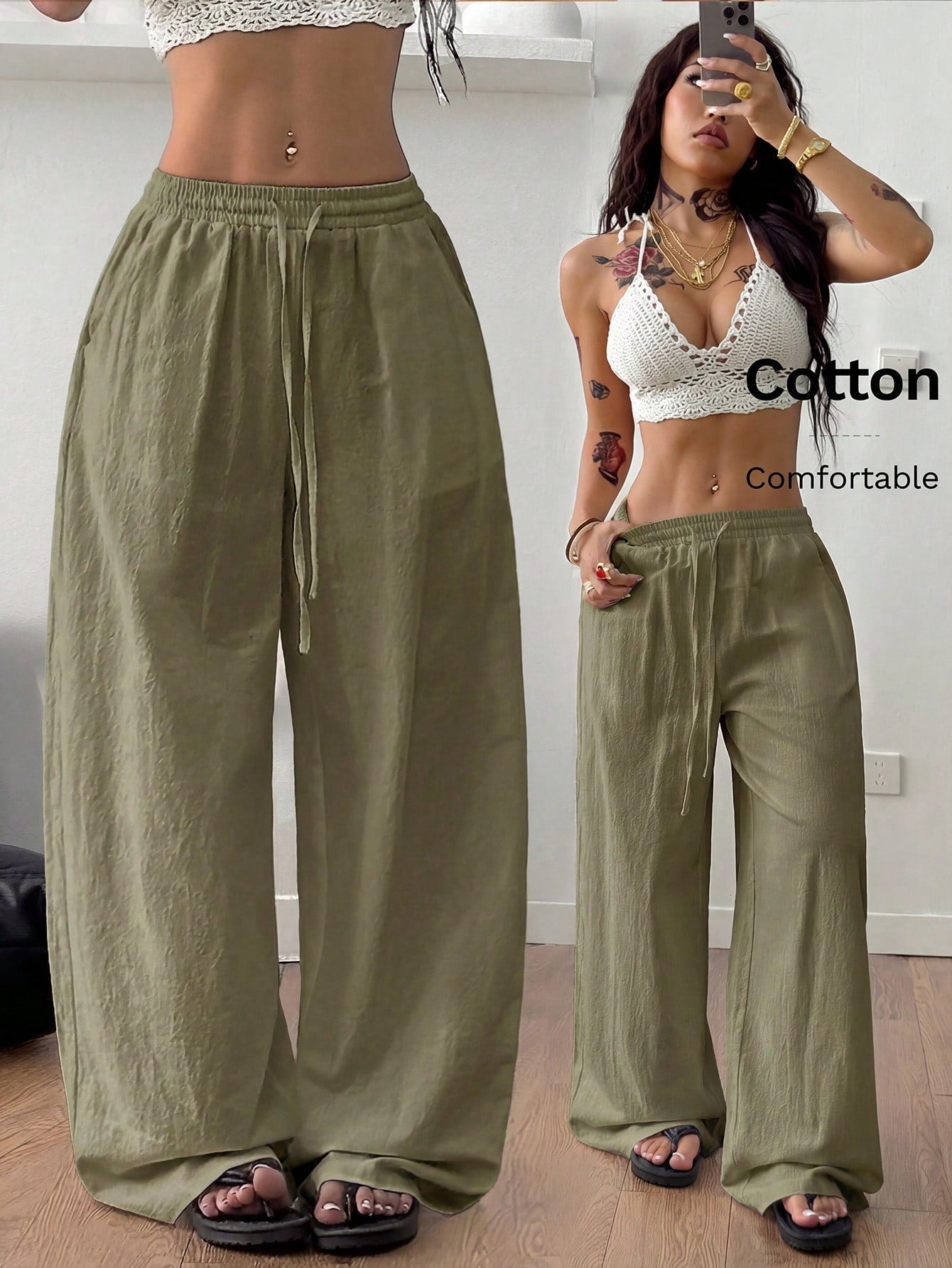 Coolane Women's Summer Country Concert Going Out Beach Outfits Boho Basic Minimalist Washed 100%Cotton White Pants Curved Hem Pants